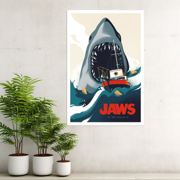 Poster of a shark attacking a boat with 'JAWS' text, placed on a wall with plants below.